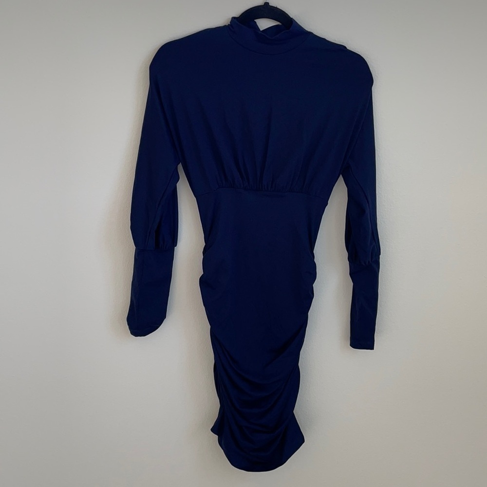 Susana Monaco mock neck ruched dark navy dress S